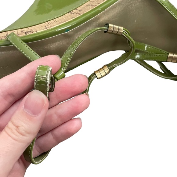 Ana Lime Green and Brown Color Block Summer Ankle Strap High Heel Wedge Sandals - Picture 12 of 15